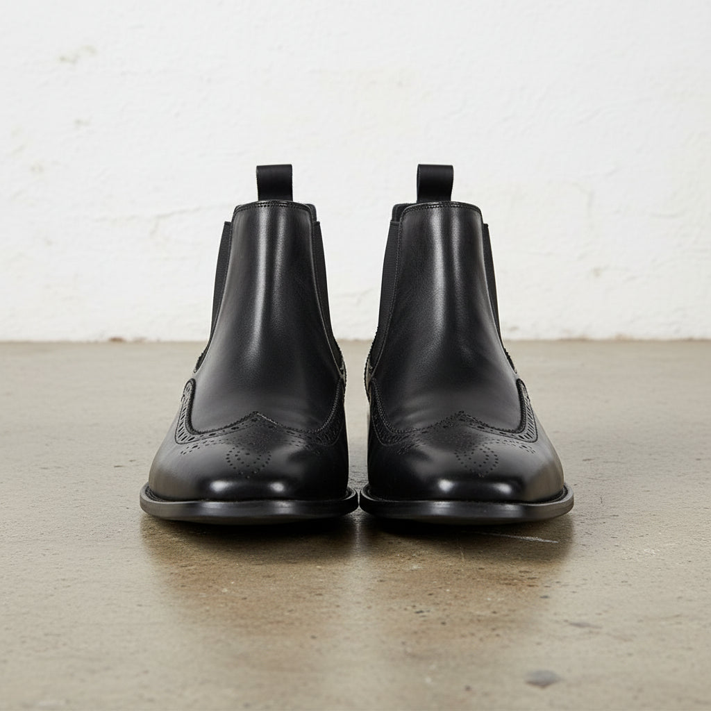 Handmade Men's Full Grain Leather Wingtip Chelsea Boots - front-view