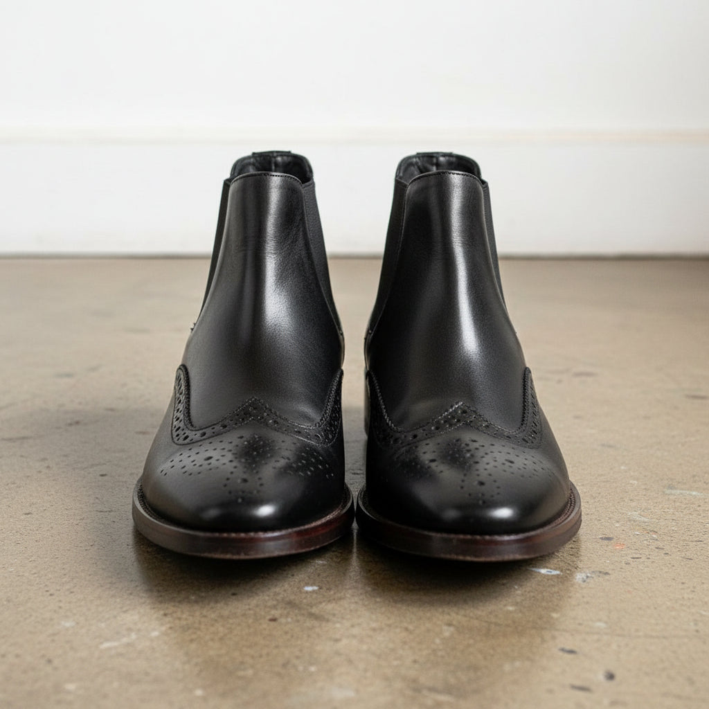 Handmade Men's Full Grain Leather Wingtip Chelsea Boots - front-view