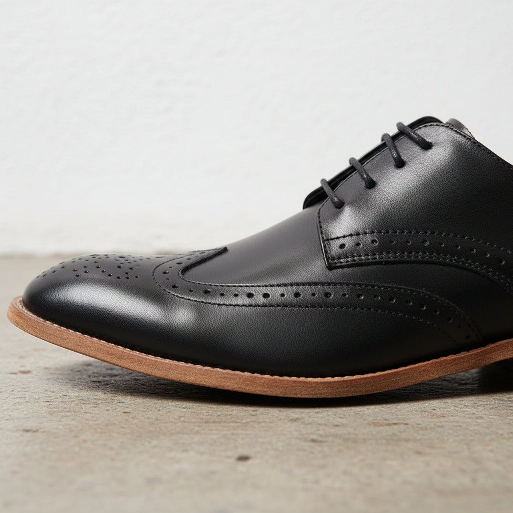 Handmade Men's Full Grain Leather Wingtip Dress Shoes - detail-view-showing-texture