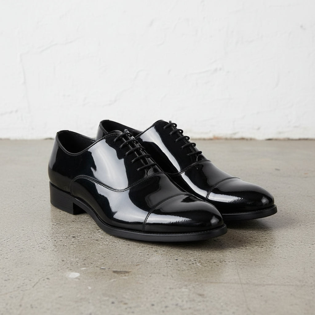 Handmade Men's Full Grain Patent Leather Formal Dress Shoes - angle-view-showing-depth