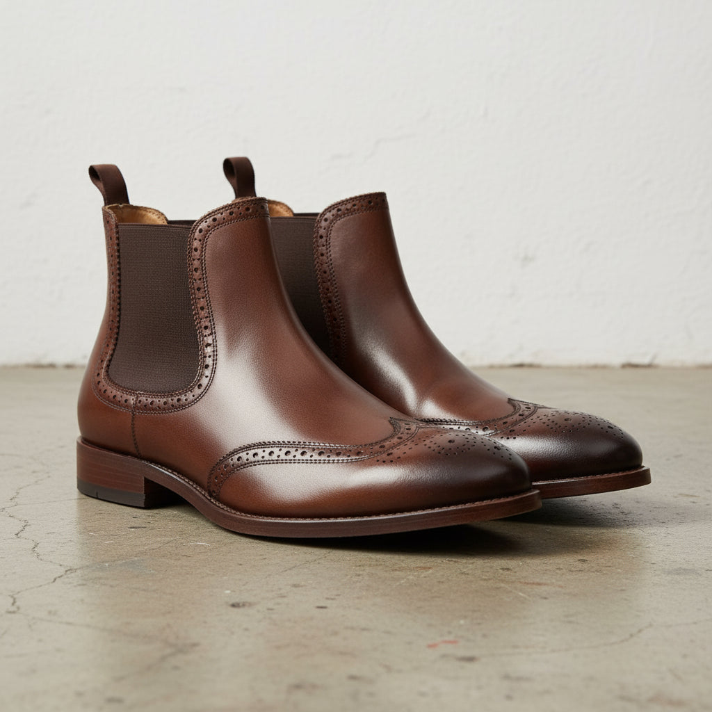 Handmade Men's Full Grain Premium Leather Brogue Chelsea Boots - 3-4-right-view