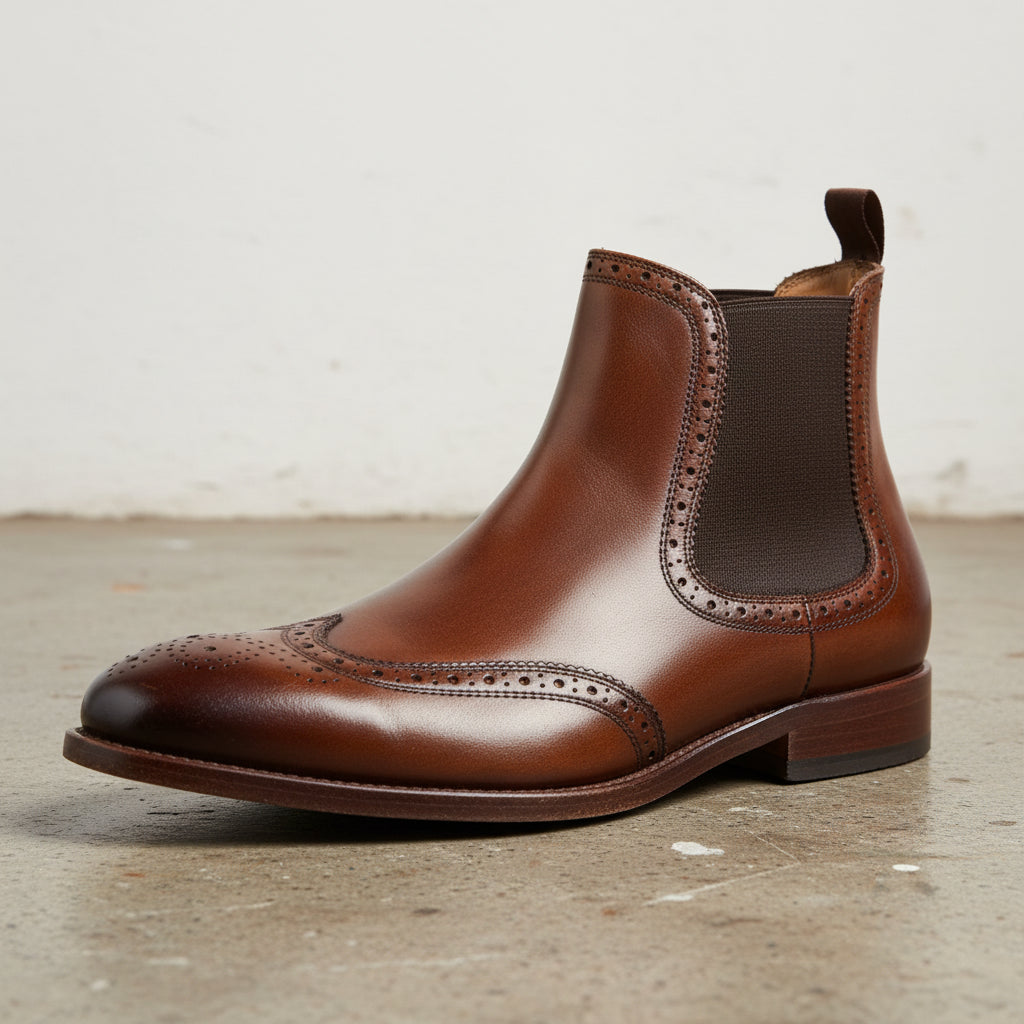 Handmade Men's Full Grain Premium Leather Brogue Chelsea Boots - detail-view-showing-texture