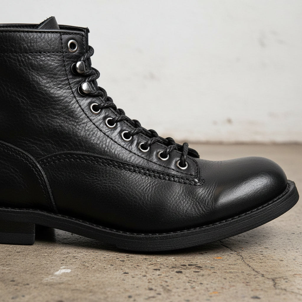 Handmade Men's Full Grain Premium Leather Lace-Up Boots - detail-view-showing-texture