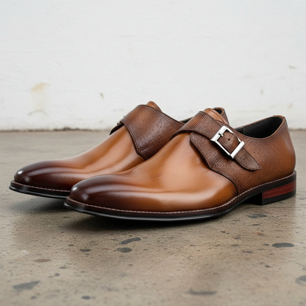 Handmade Men's Full Grain Premium Leather Monk Strap Shoes - angle-view-showing-depth