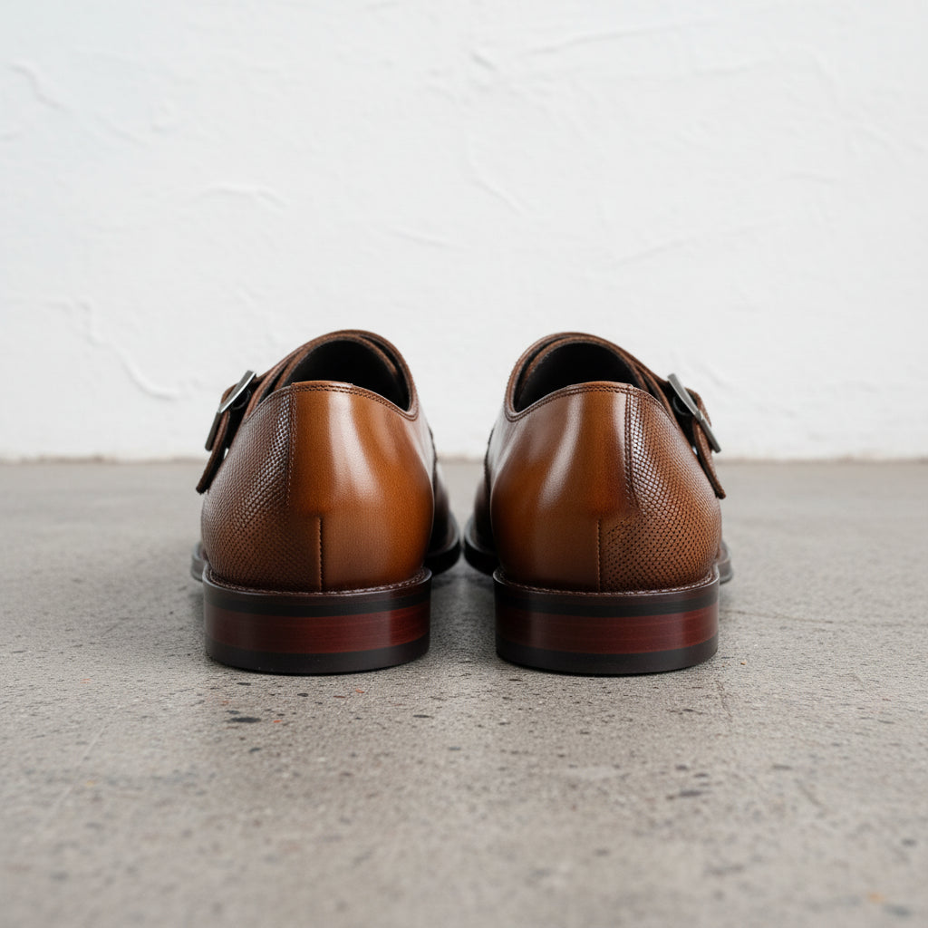 Handmade Men's Full Grain Premium Leather Monk Strap Shoes - back-view