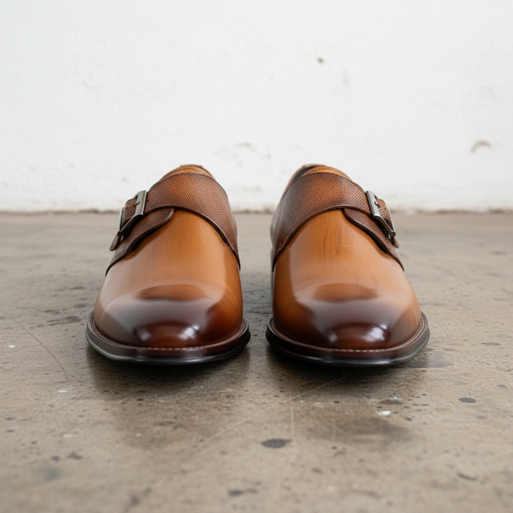 Handmade Men's Full Grain Premium Leather Monk Strap Shoes - front-view