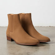 Handmade Men's Full Grain Suede Chelsea Boots - angle-view-showing-depth