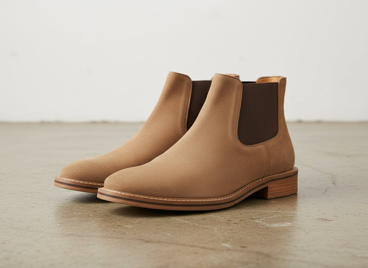 Handmade Men's Full Grain Suede Chelsea Boots - angle-view-showing-depth
