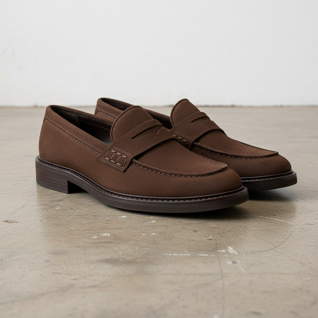 Handmade Men's Full Grain Suede Classic Slip-On Loafers - angle-view-showing-depth