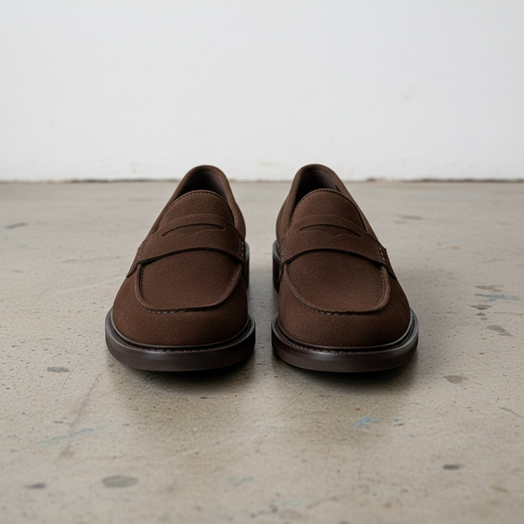 Handmade Men's Full Grain Suede Classic Slip-On Loafers - front-view