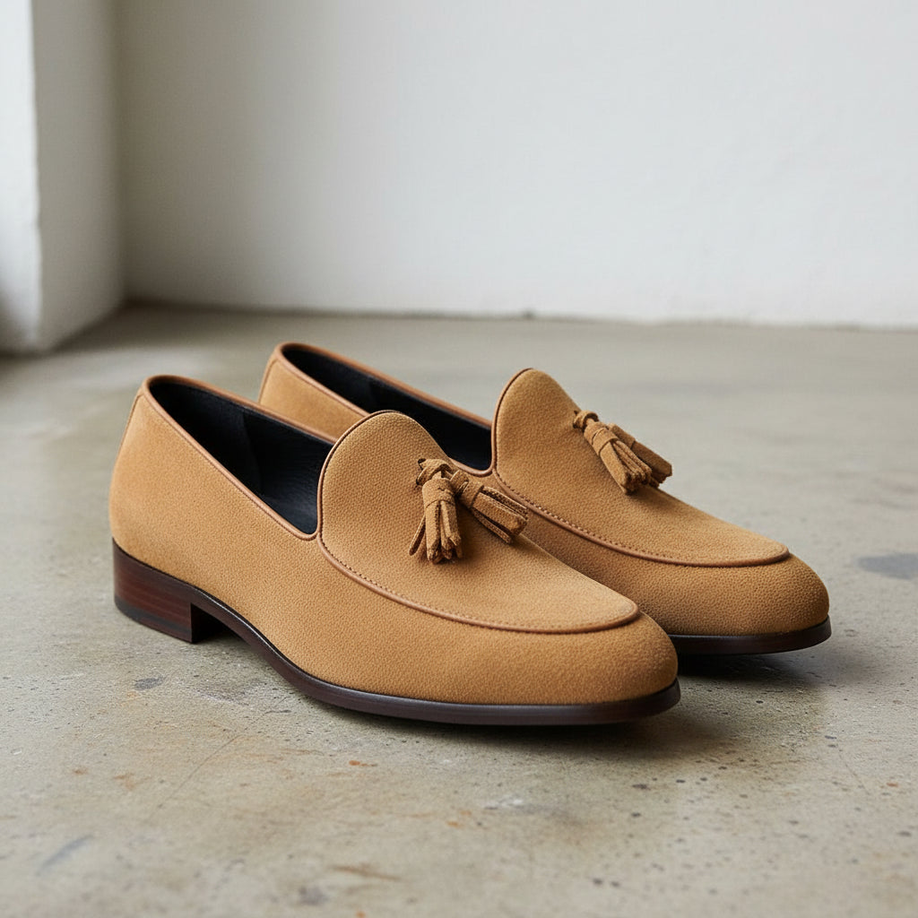 Handmade Men's Full Grain Suede Tassel Loafers - Elegant Casual Shoes - 3-4-right-view