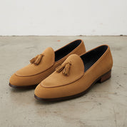 Handmade Men's Full Grain Suede Tassel Loafers - Elegant Casual Shoes - angle-view-showing-depth