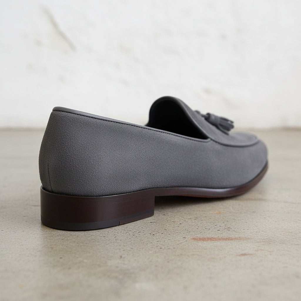 Handmade Men's Full Grain Suede Tassel Loafers - Elegant Casual Shoes - detail-view-showing-texture