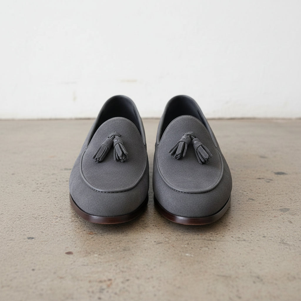 Handmade Men's Full Grain Suede Tassel Loafers - Elegant Casual Shoes - front-view
