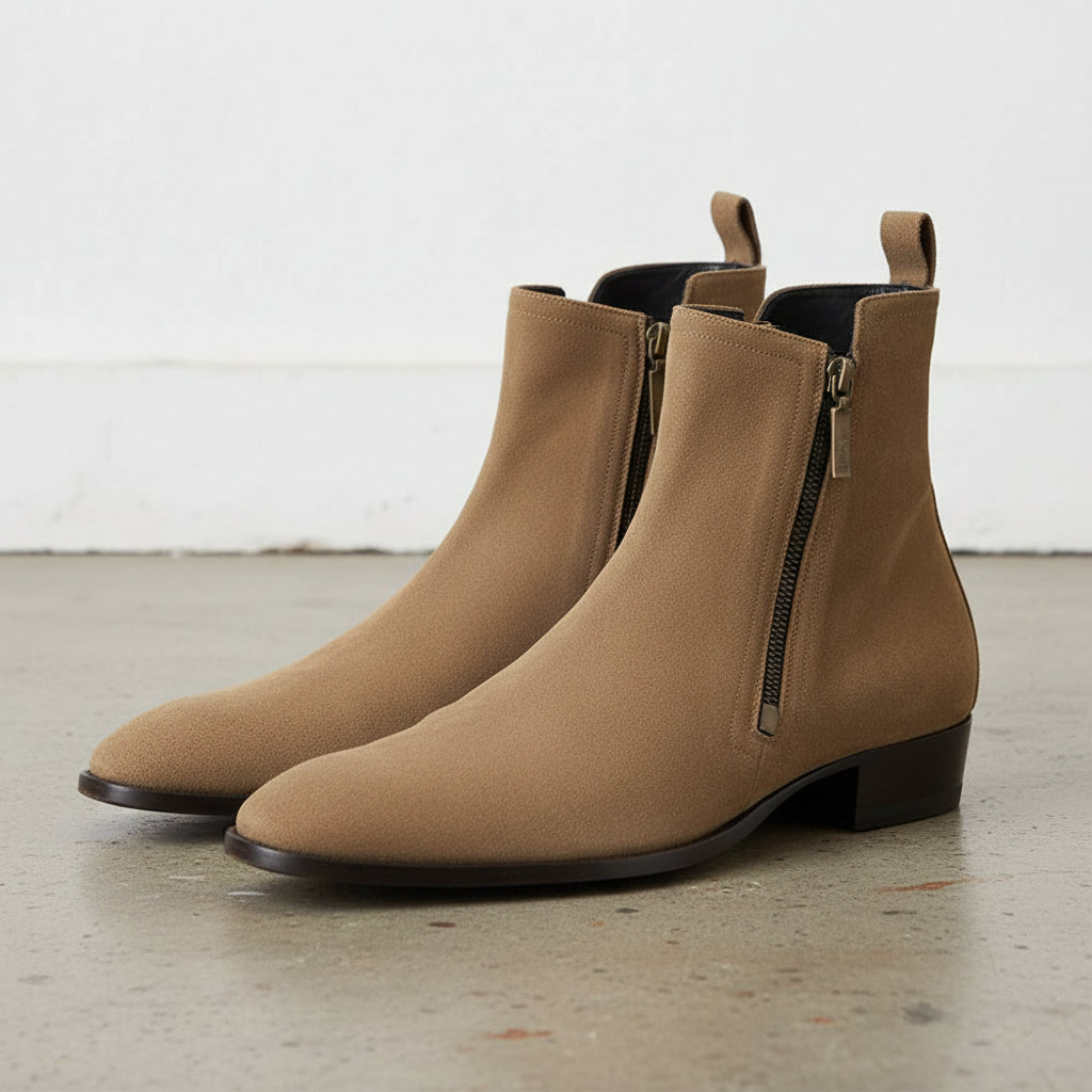 Handmade Men's Full Grain Suede Zipper Boots - angle-view-showing-depth