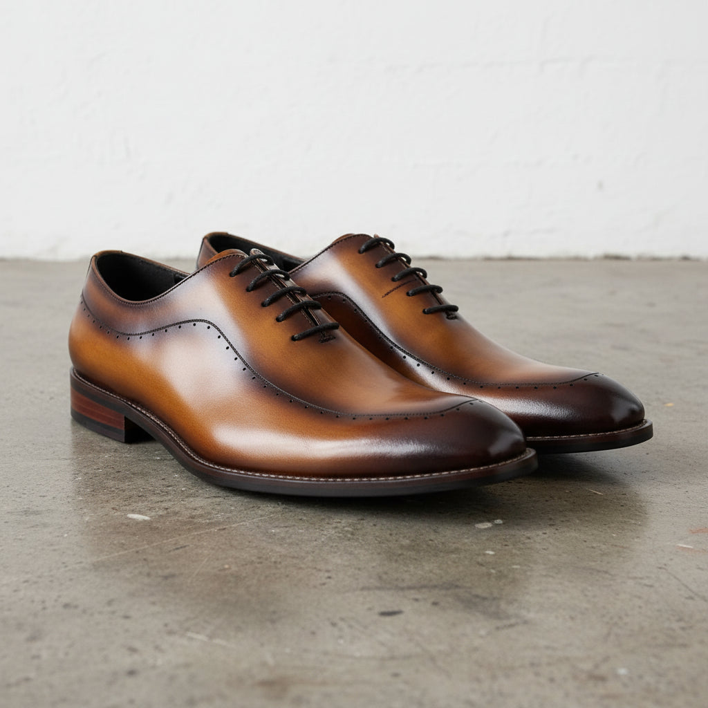 Handmade Men's Full Grain Wholecut Leather Casual Dress Shoes - angle-view-showing-depth