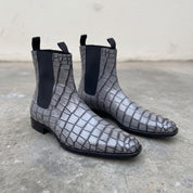 Handmade Men's Gray Crocodile Embossed Chelsea Boots — Hixon