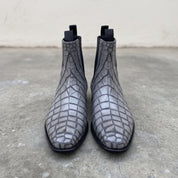 Handmade Men's Gray Crocodile Embossed Chelsea Boots — Hixon