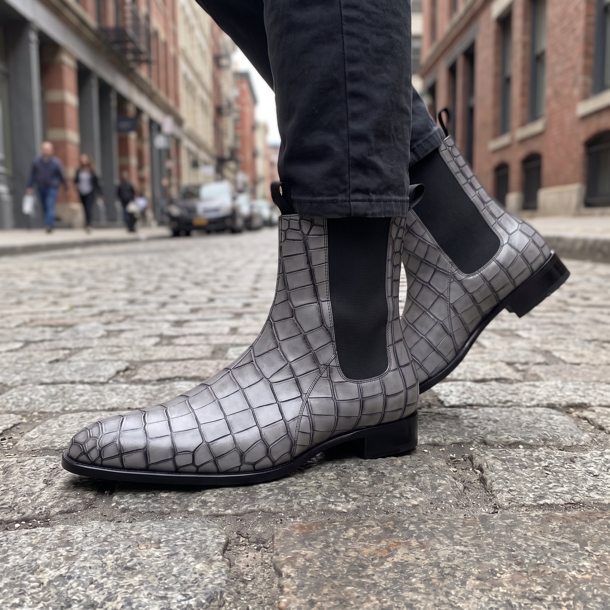 Handmade Men's Gray Crocodile Embossed Chelsea Boots — Hixon