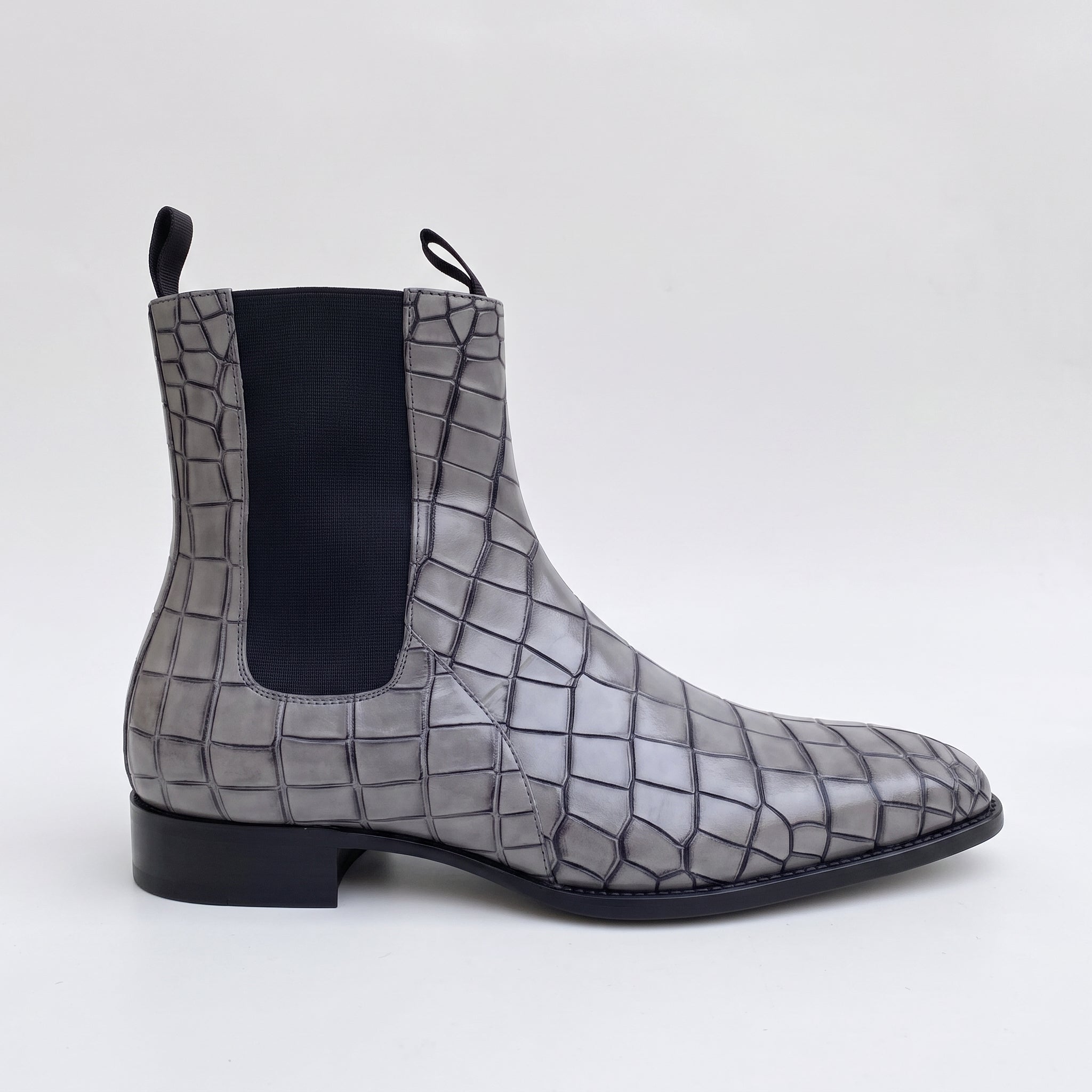 Handmade Men's Gray Crocodile Embossed Chelsea Boots — Hixon