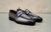 Handmade Mens gray crocodile moccasins, Men gray dress shoes, crocodile print - angle-view-showing-depth