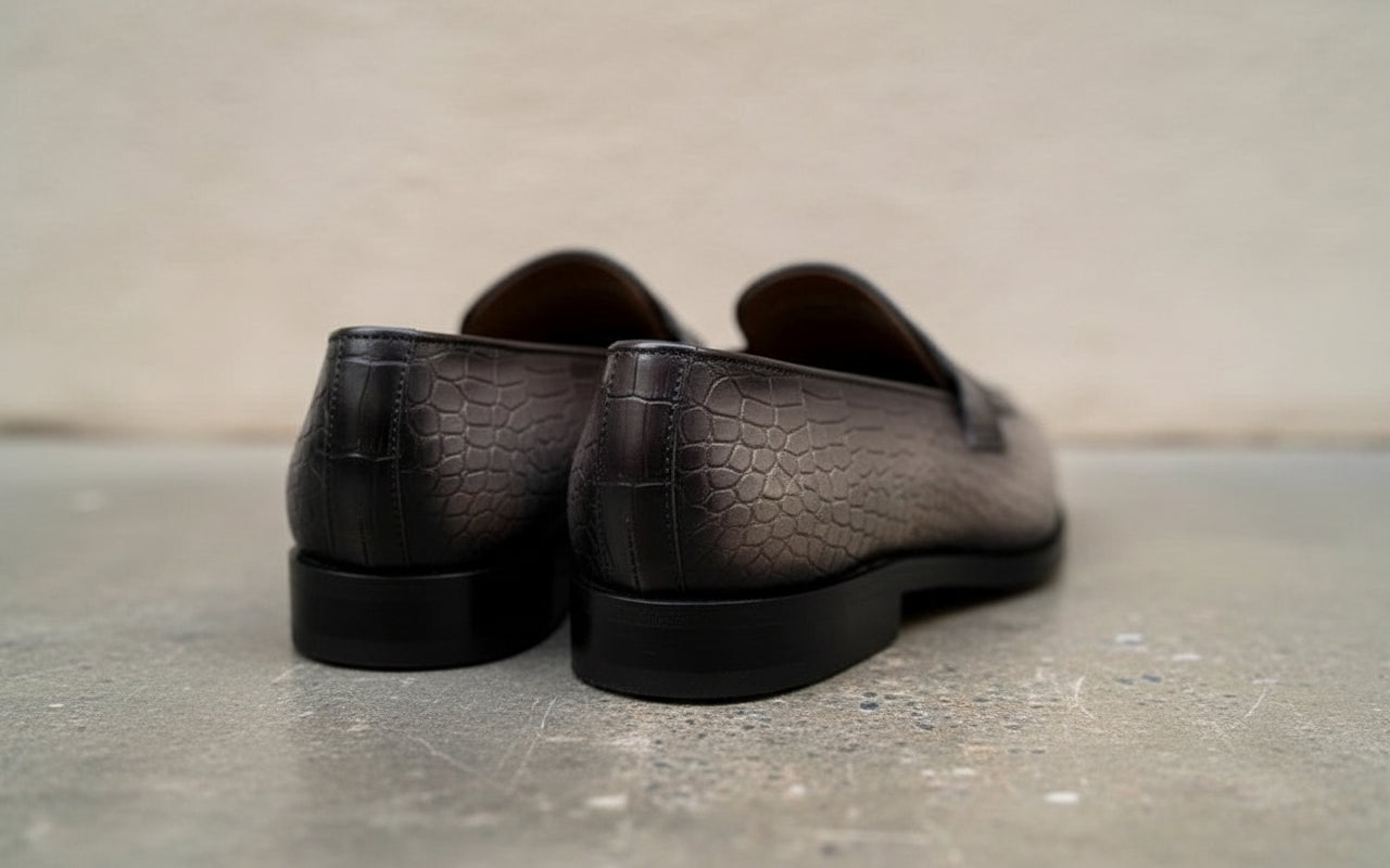 Handmade Mens gray crocodile moccasins, Men gray dress shoes, crocodile print - back-view