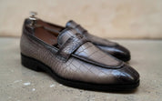 Handmade Mens gray crocodile moccasins, Men gray dress shoes, crocodile print - detail-view-showing-texture