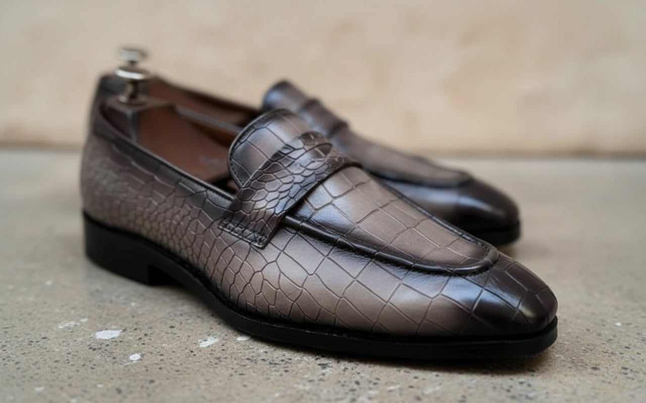 Handmade Mens gray crocodile moccasins, Men gray dress shoes, crocodile print - detail-view-showing-texture