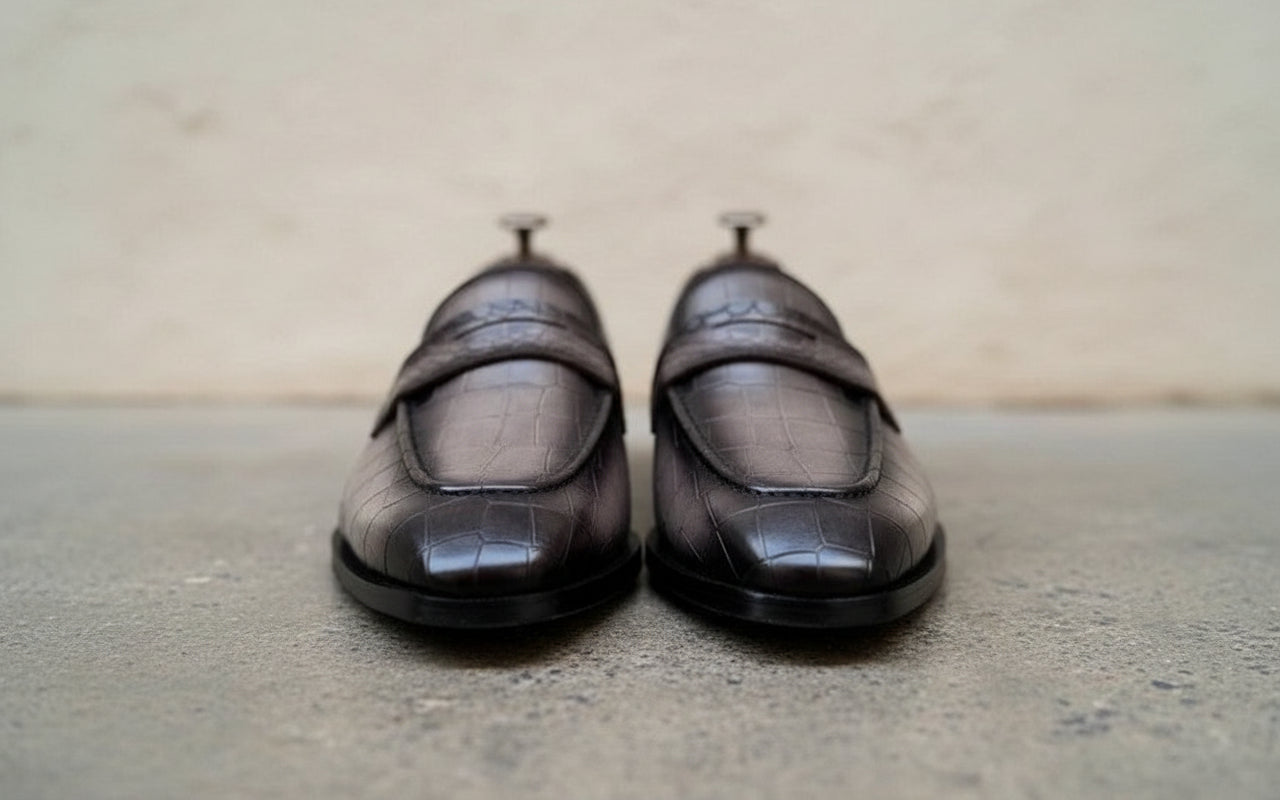 Handmade Mens gray crocodile moccasins, Men gray dress shoes, crocodile print - front-view