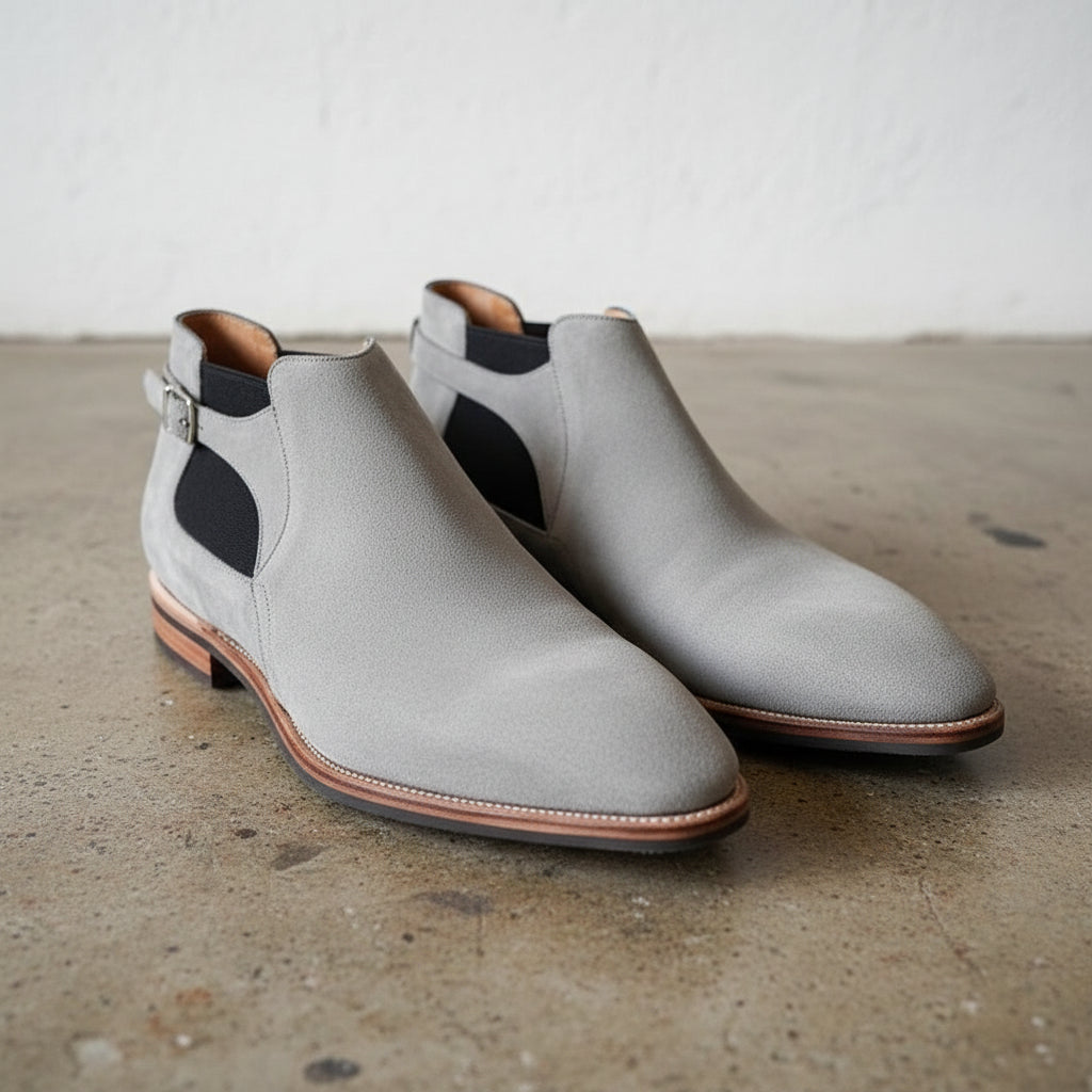 Handmade Mens Gray Genuine Suede Jodhpurs Boot, Men Monk Strap Ankle Boots