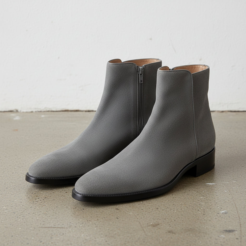 Handmade Mens Gray suede ankle boots, Men dress boot, Gray zipper boot - angle-view-showing-depth