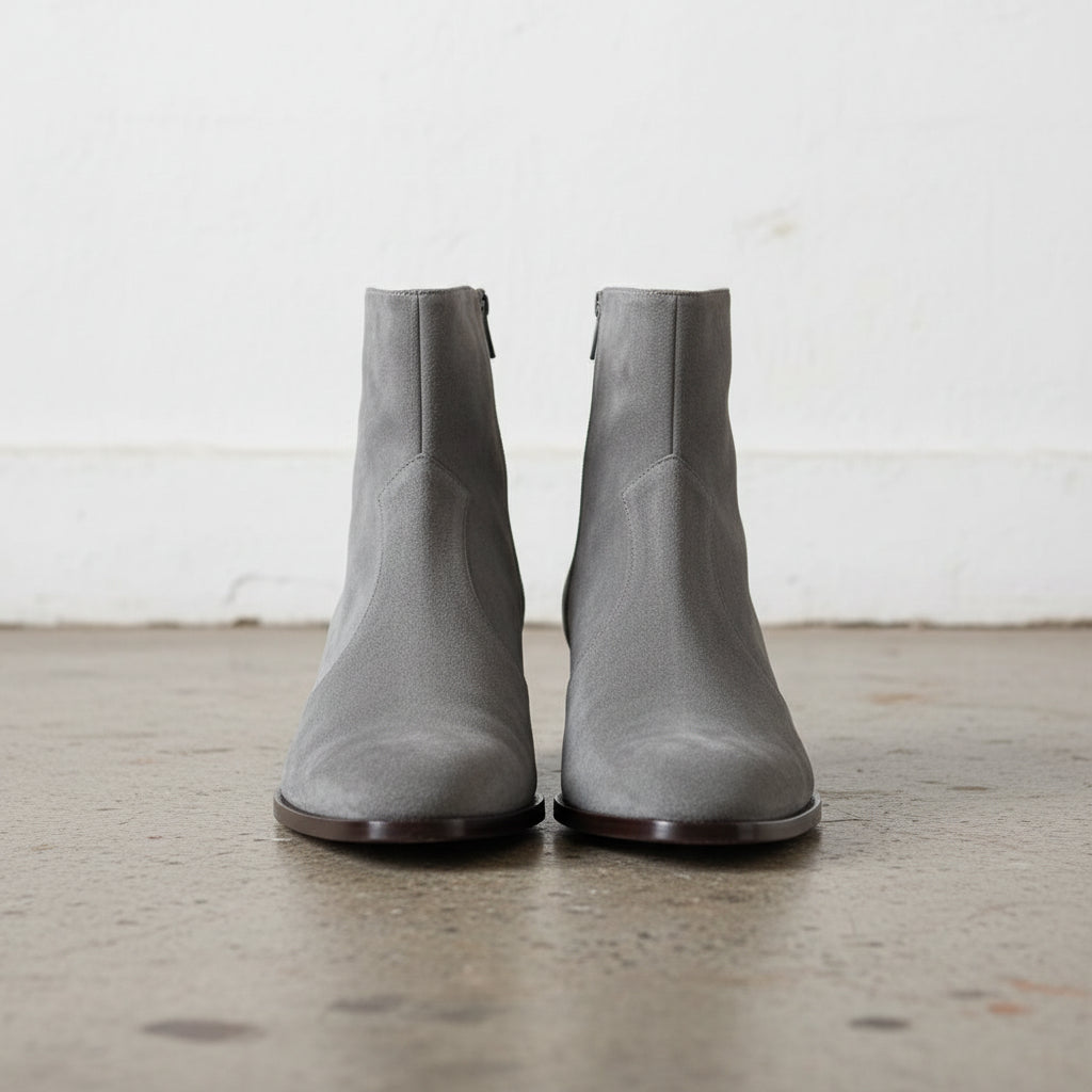 Handmade Mens Gray suede ankle boots, Men dress boot, New zipper boot - front-view