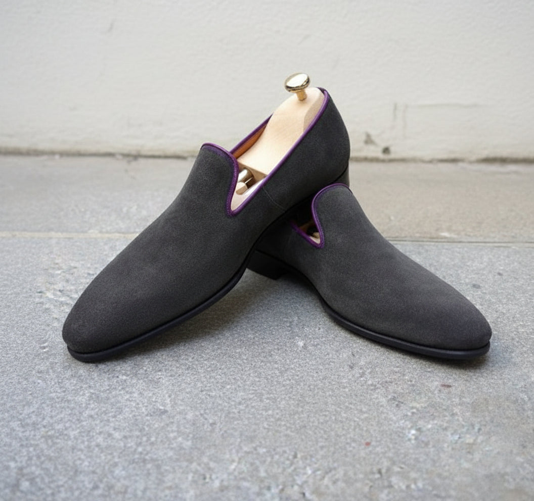 Handmade Mens gray suede moccasins, Men suede dress shoes, Shoes for men - angle-view-showing-depth