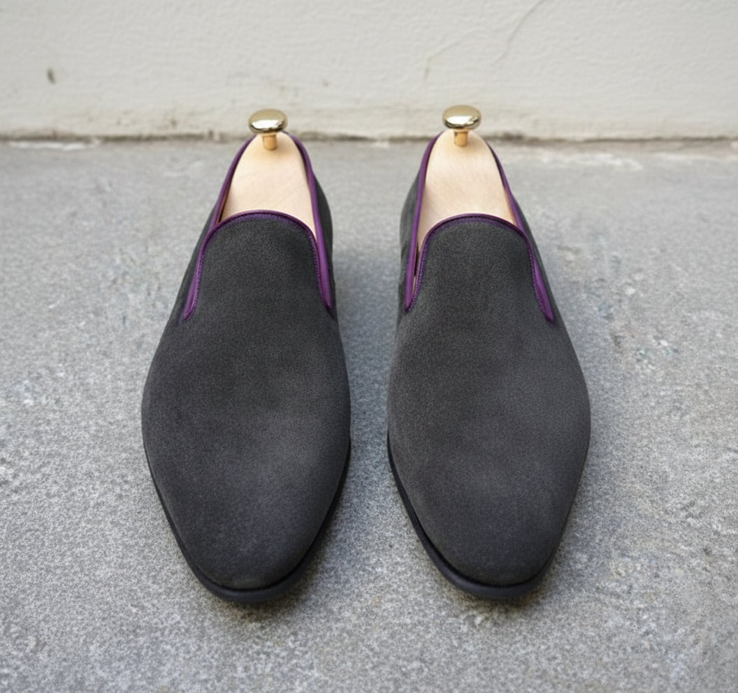 Handmade Mens gray suede moccasins, Men suede dress shoes, Shoes for men - front-view