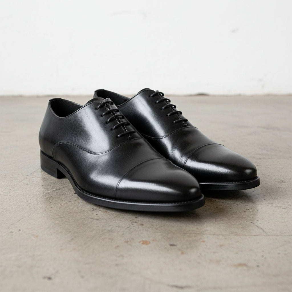 Handmade Men's Leather Cap-Toe Dress Shoes - angle-view-showing-depth