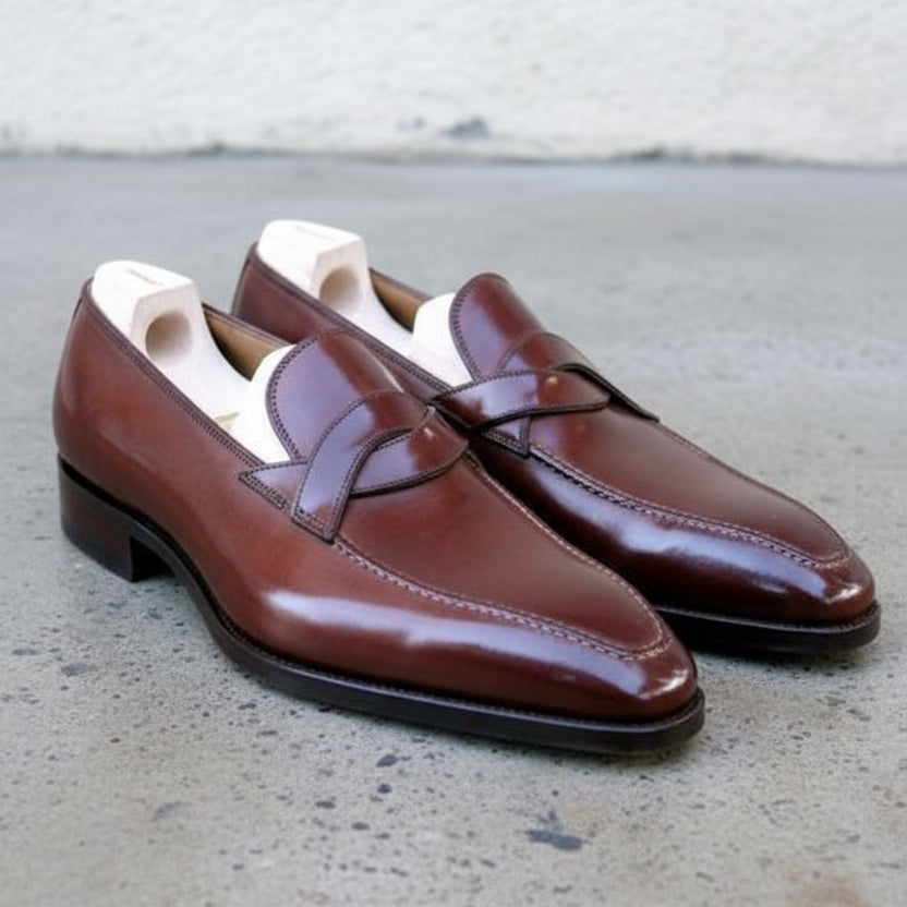 Handmade Mens Leather Moccasins Loafer, Men Dark burgundy Dress shoes - 3-4-right-view