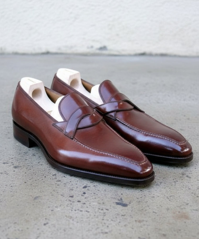 Handmade Mens Leather Moccasins Loafer, Men Dark burgundy Dress shoes - 3-4-right-view