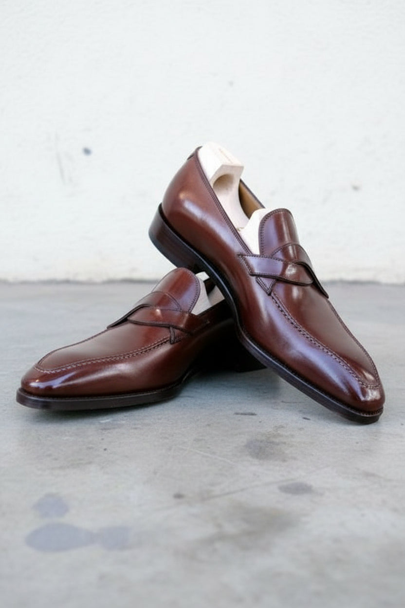 Handmade Mens Leather Moccasins Loafer, Men Dark burgundy Dress shoes - angle-view-showing-depth