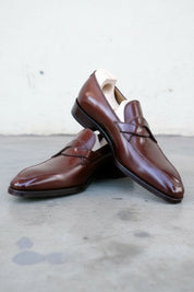 Handmade Mens Leather Moccasins Loafer, Men Dark burgundy Dress shoes - angle-view-showing-depth