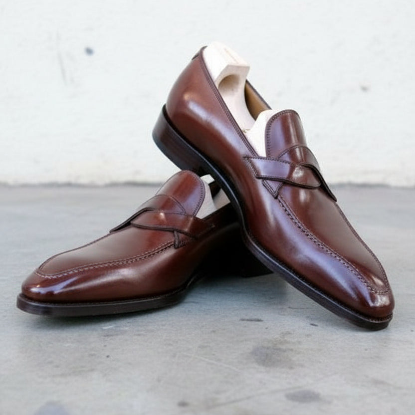 Handmade Mens Leather Moccasins Loafer, Men Dark burgundy Dress shoes - angle-view-showing-depth