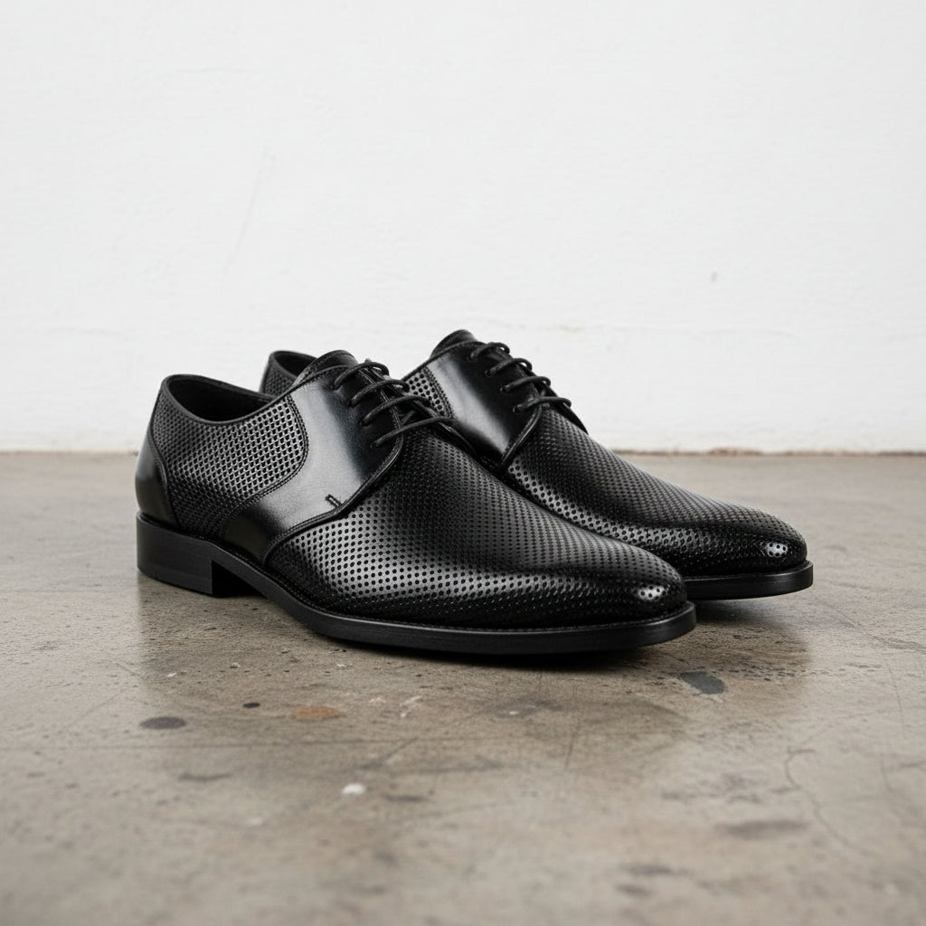 Handmade Men's Leather Perforated Derby Shoes - angle-view-showing-depth