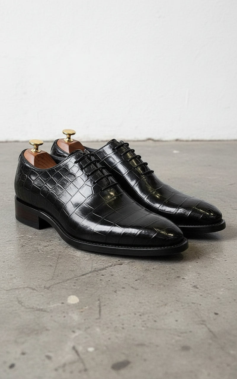 Handmade Men's Leather shoes, Black Crocodile Patterned dress shoes - angle-view-showing-depth