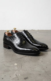 Handmade Men's Leather shoes, Black Crocodile Patterned dress shoes - angle-view-showing-depth