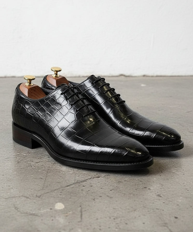 Handmade Men's Leather shoes, Black Crocodile Patterned dress shoes - angle-view-showing-depth