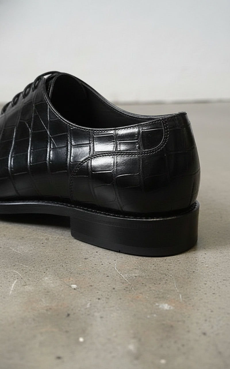 Handmade Men's Leather shoes, Black Crocodile Patterned dress shoes - detail-view-showing-texture