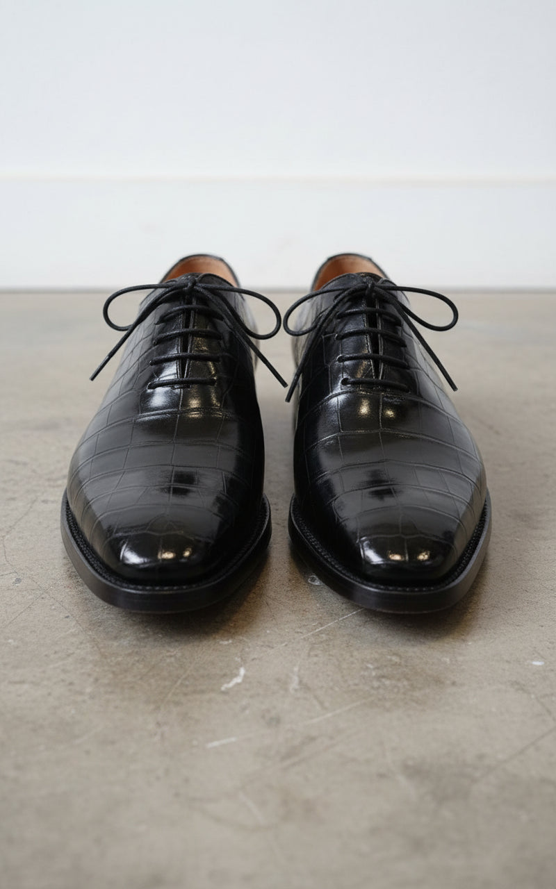 Handmade Men's Leather shoes, Black Crocodile Patterned dress shoes - front-view