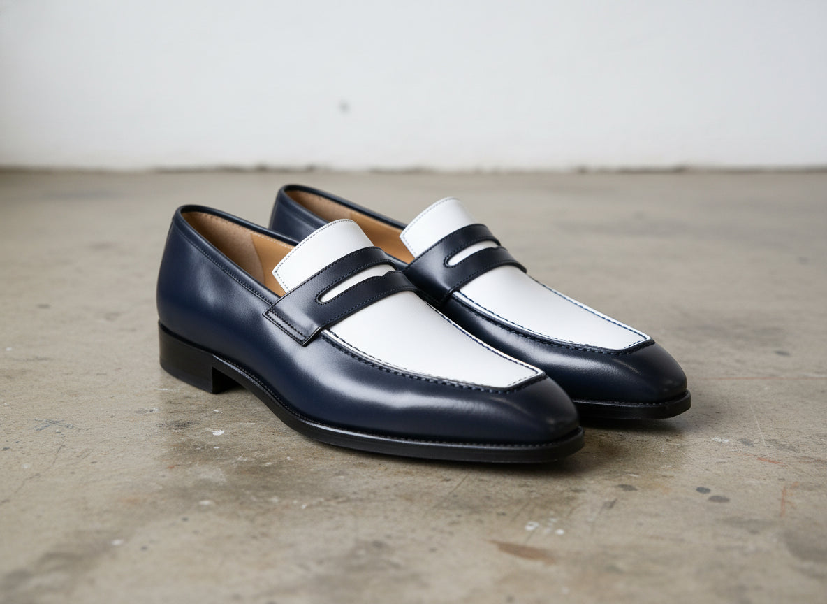Handmade Mens Leather Shoes, Men Spectator shoes, Real Leather Loafer - angle-view-showing-depth