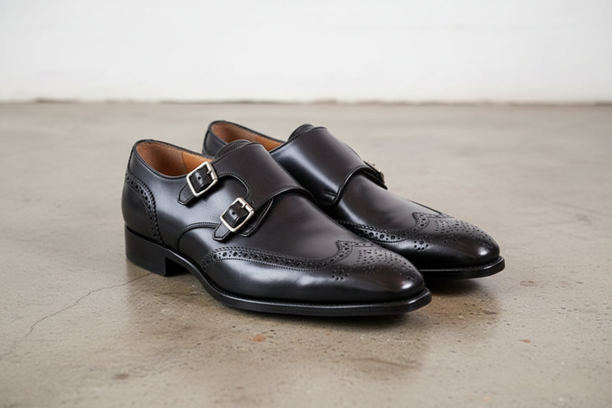 Handmade Mens leather wingtip brogue dress shoes Black formal shoes for men - angle-view-showing-depth