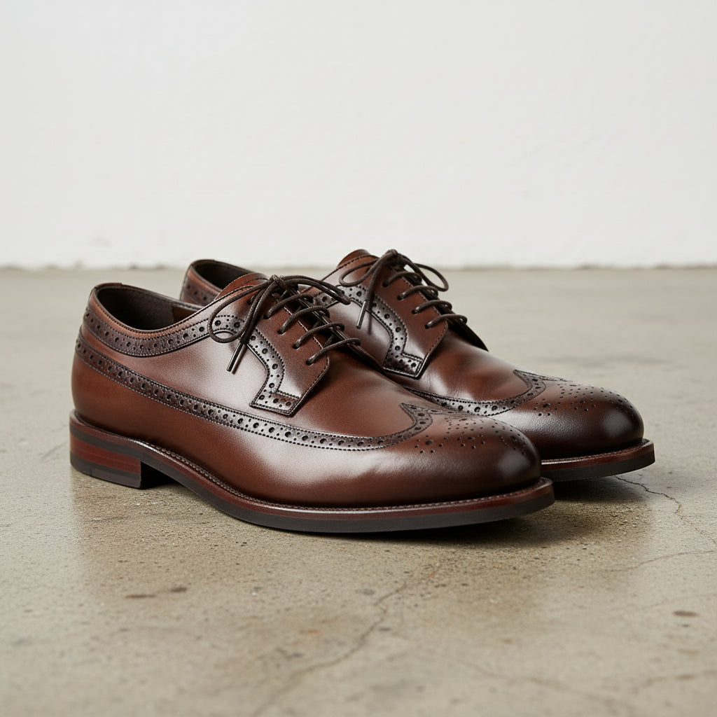 Handmade Men's Leather Wingtip Oxford Dress Shoes - angle-view-showing-depth