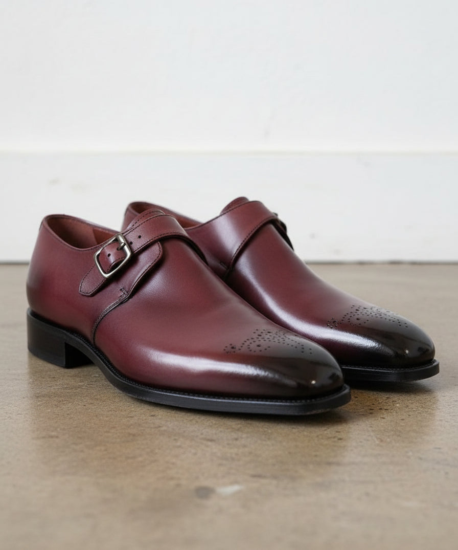 Handmade Mens Maroon Brogue Monk dress shoes, Men leather formal shoes - angle-view-showing-depth